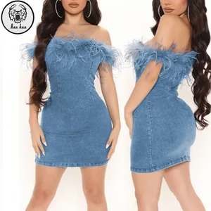Top Quality Off Shoulder Feather Trim Bodycon Jean Clothing Women Sexy Club Party Dresses