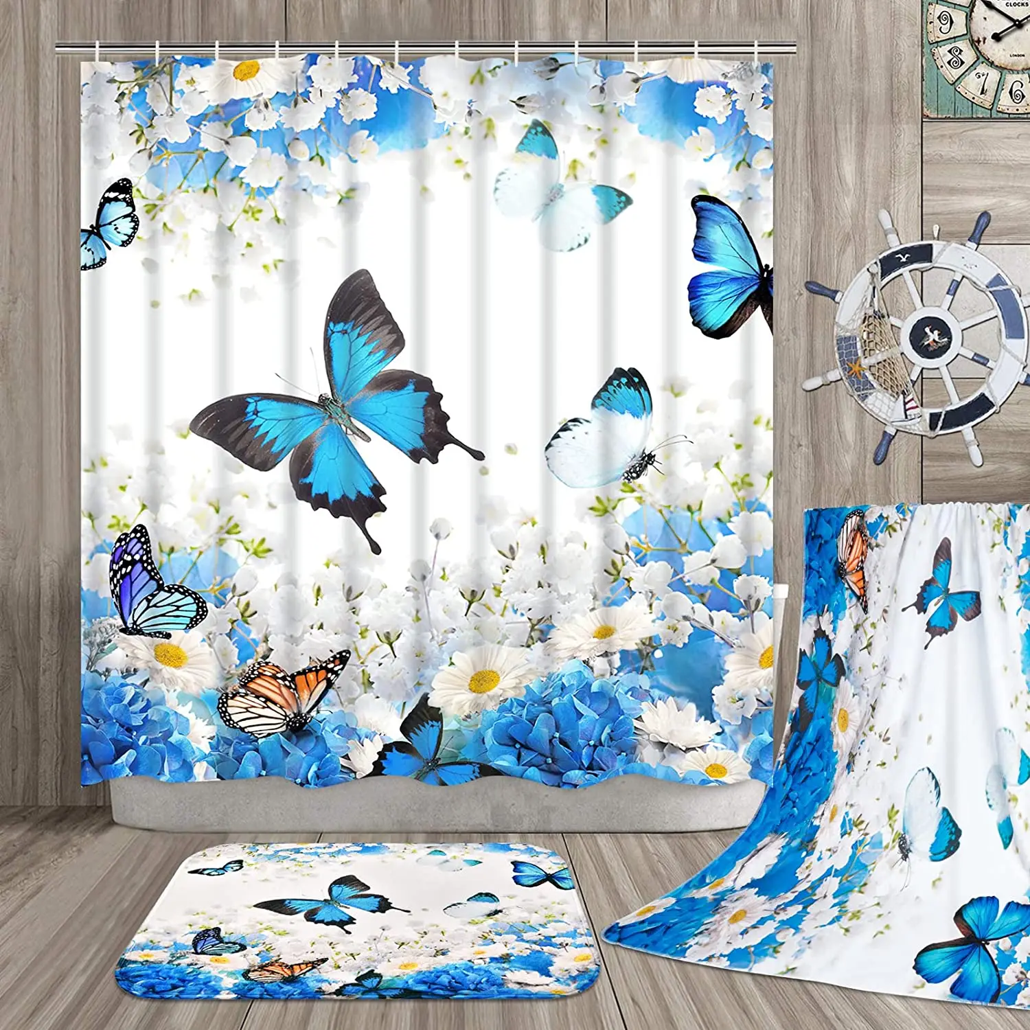 Blue Butterfly Shower Curtain Non-Slip Bathroom Rug Mat Set Toilet Lid