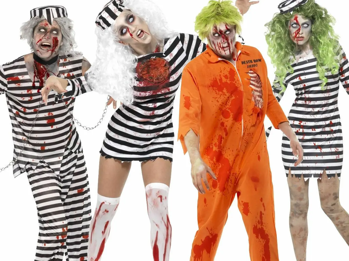 Zombie Convict Ladies Costume Adult Jail Bird Prisoner Halloween Fancy Dress 