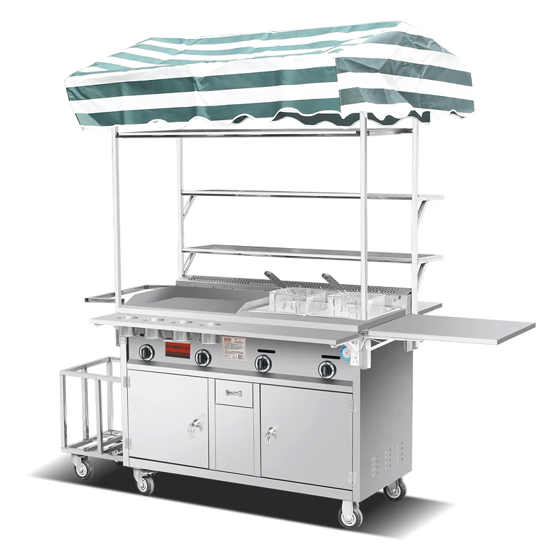 Convertible Hand Trucks Gas Mobile Snack Cart Food Trailer Mobile Stall Grill Plate Warmer Cart Outdoor Rolling Moving Food Cart