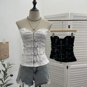 Viviblook Z1017TP Women's New Slim Solid Color Stretch Summer Camisole Pu Bandage Strapless Short Tank Tops for Women