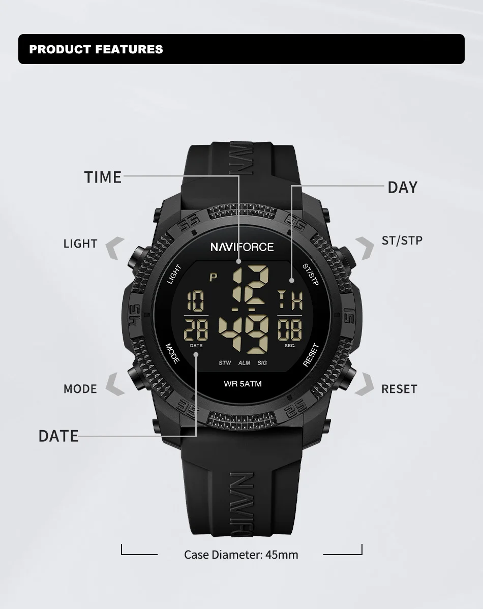 Original NAVIFORCE 7104 Digital Watch Men Sport Chronograph Wristwatch Date Stopwatch Waterproof  Male Electronic Clock
