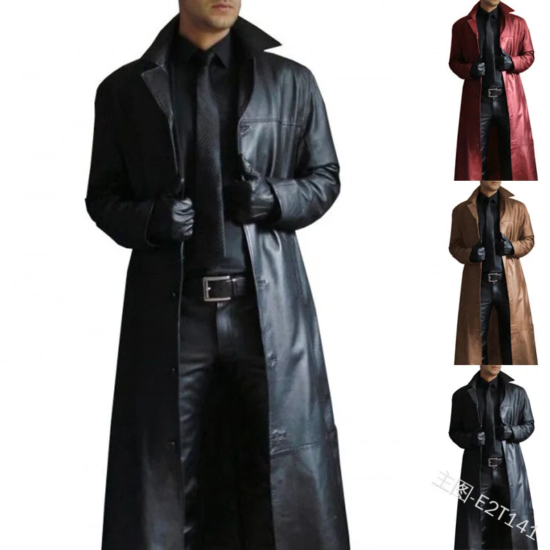 Men's Fashion Punk Gothic Lapel Long Sleeve Metal Chain Faux Leather  Jacket Coat