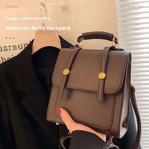 A-68 Women's Retro American Style Backpack Niche Design Three Small Schoolbags British Main Material PU Polyester for Laptop