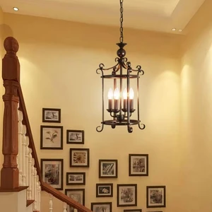 JACKSUN Retro E14 Pendant Lamp Small Iron Birdcage Chandelier with Candlestick for Restaurant Staircase Entrance Hall Porch