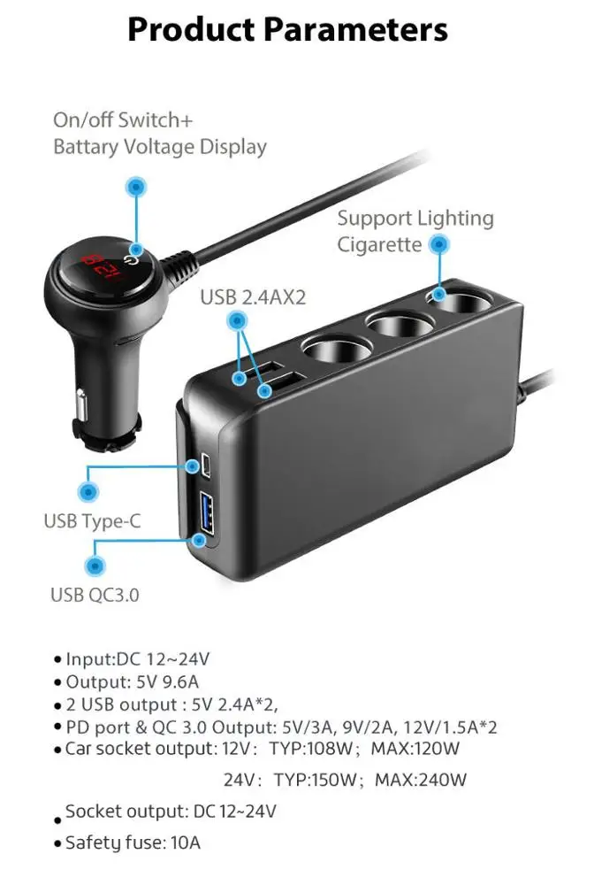 Cargador USB para coche de 12/24V, toma de corriente de 108W, 3 puertos de  carga