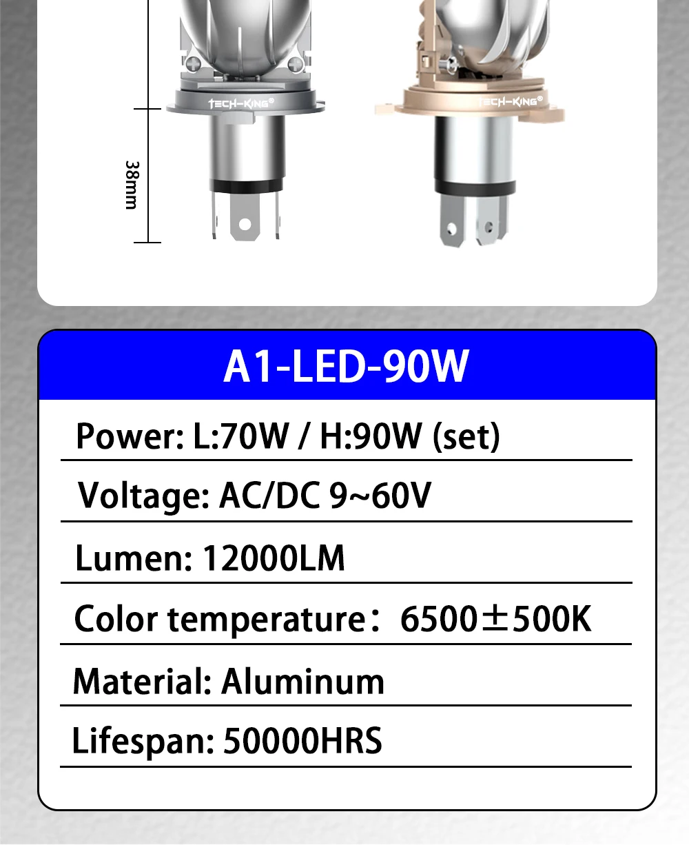 TECH-KING Plug And Play Lens H4 Super Bright Canbus 90W 6000K Mini Bi-Led Projector Lens High Low Beam Car Led Headlight bulb