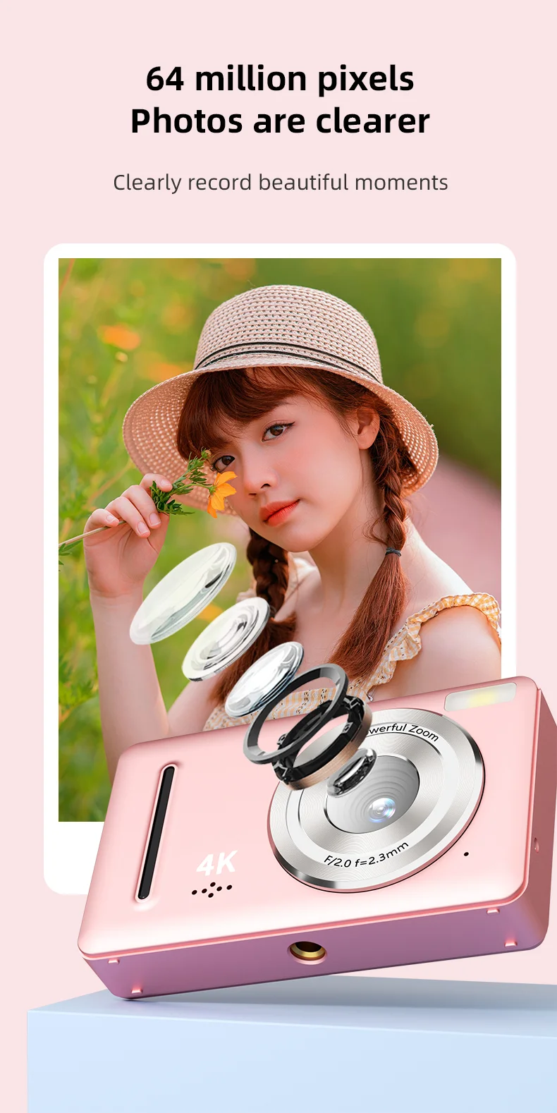 4K Kids Camera Mini Portable Digital Point and Shoot Camera with 18X Zoom Anti Shake, Compact Small Camera for Boys Girls