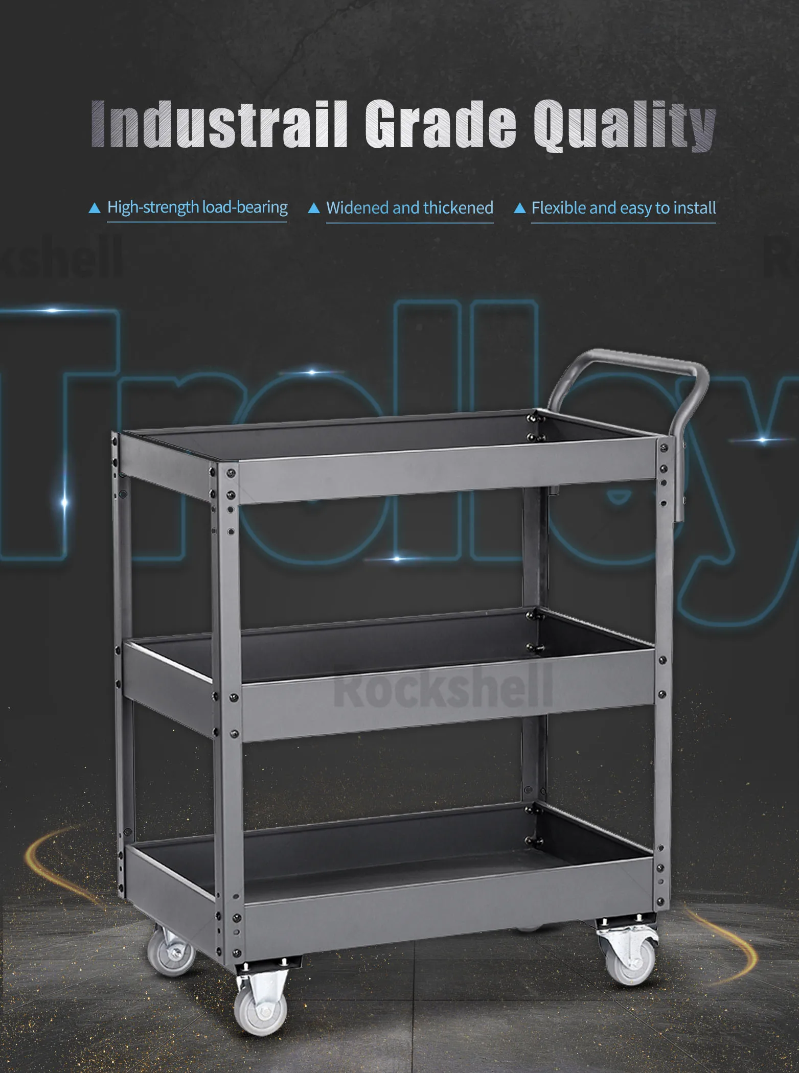 Customizable 3-Tier Rolling Iron Tool Trolley Cart with Stainless Steel ...