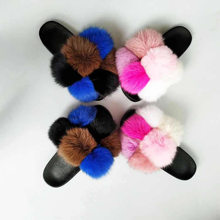 Pom Pom Furry Slides For Women Fashion Color Big Real Fluffy Fur