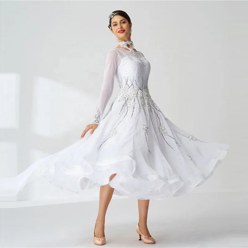 B-20100 High Quality Ballroom Dance Dresses Women Adult Custom White Ballroom Dresses Latin Dance for Sale B-20100 High Quality Ballroom Dance Dresses Women Adult Custom White Ballroom Dresses Latin Dance for Sale