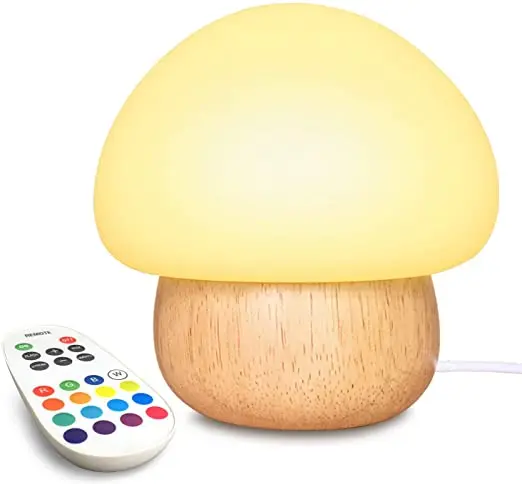 NEW Wooden Mushroom LED Night Light Multicolor RGB Wireless Remote Dimmable Lamp 
