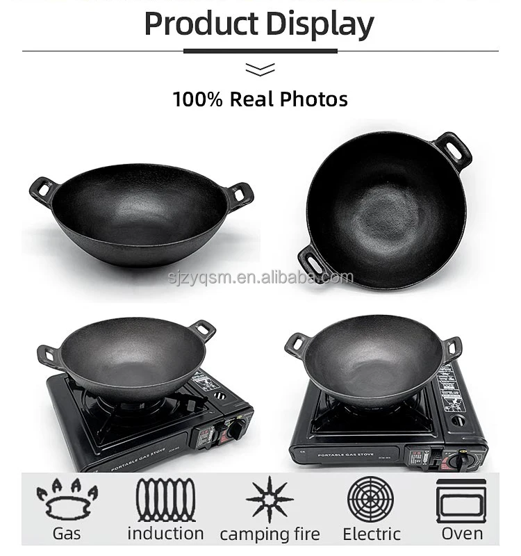 Wholesale Cast Iron Chinese Wok Cast Iron Nonstick Double Handles Cooker Cast Iron Frying Wok