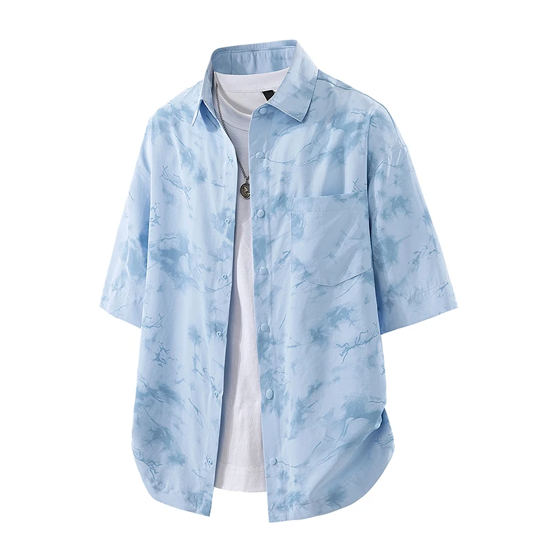 Men's hand-painted short-sleeved button-down shirt with chest pocket, 100% polyester, casual spring/summer wear.