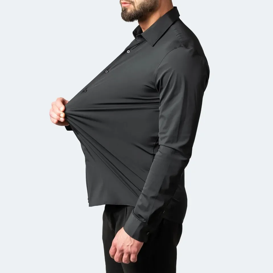Männer Hemden Einfarweg Langärmlech Stretch 4-Wee-Stretch Formell Hemd Business Casual Button-Down Hemden166_voghion.com