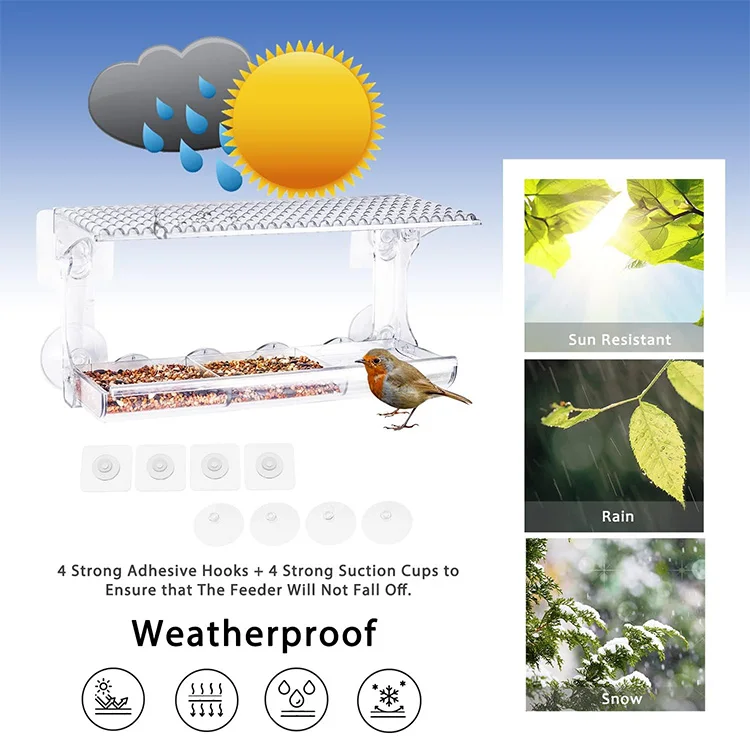 Indestructible Clear Acrylic Bird Feeder With 4 Super Adhesive Hooks