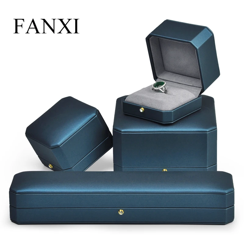 FANXI Custom New Arrival Jewellery Packaging Box Ring Necklace Octagonal shape sky blue Pu leatherJewelry Packing Gift Boxes