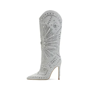 Custom Luxury Pearl & Crystal Design Western Knee-High Boots with Rhinestone Embellishment and High Heel Elegant Western Style