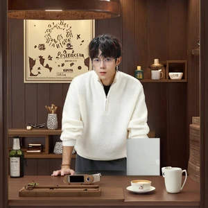 Men's Autumn Winter Half-Zipper Stand Collar Sweater New Loose Lazy Style Warm Coat Deer Plush Solid Texture Digital Printing