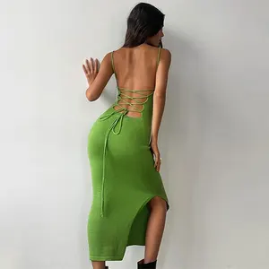 Sexy Backless Bandage Knitted Dress Elegant Outfits for Women Sleeveless Birthday Club Party Bodycon Long Dresses