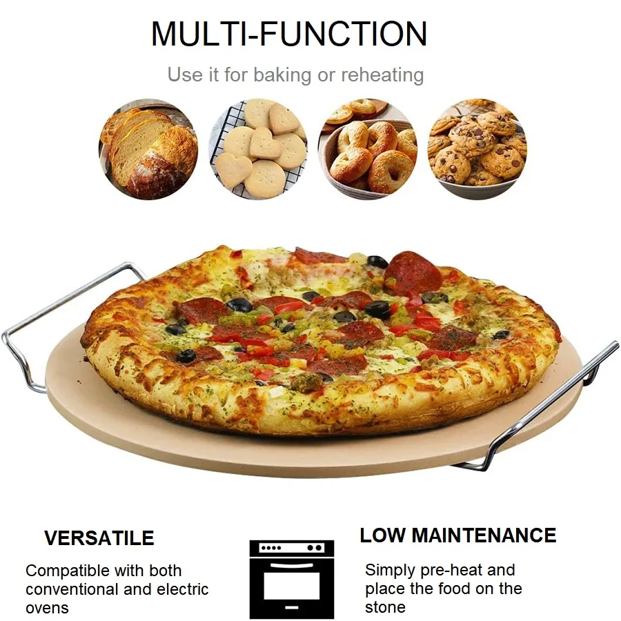 Cordierite Cooking Stone Durable Round Pizza Stone For Oven Baking & Bbq Grilling With Handle