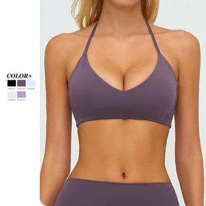 Women High Support Brushed V Neck Halter Yoga Sports Bra Removable Pads Quick Dry Breathable Gym Running Fitness Top