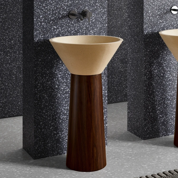 Bathroom Sink Stand Alone Cream Artificial Stone Wash Basin with Wood Grain Stainless Steel Pedestal Freestanding Wash Basin