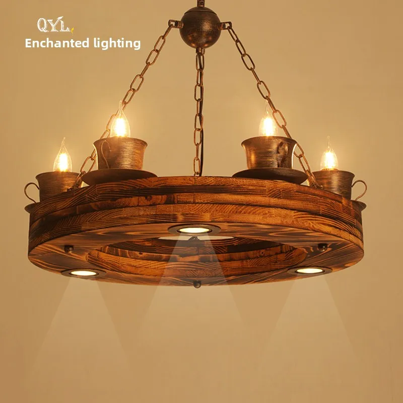 New Vintage Industrial Style Circle Wooden Restaurant Chandelier LED Iron Shade for Hot Pot Barbecue Private Room Booth