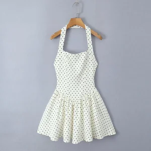 Beige Sleeveless Polka Dot Print Casual Woven Breathable Natural Waistline Halter Mini Dress