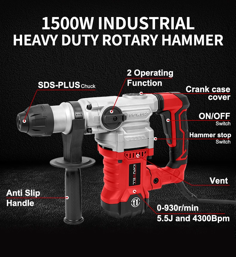KAFUWELL PA5355A Power Tools 1500w Breaker Demolition Portable 42mm Hex Chuck Jack Hammer Drill