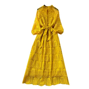 2026 Elegant Vintage Korean Style Midi-Length Dress Casual Hollow Embroidered Lace with Natural Waistline Woven Pattern