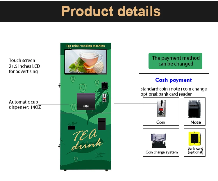 Tea Green Tea Leaf Vending Machine GS Fully Automatic Black SDK Carbon Steel Case with Tempered Glass Pump Water & Tap Water