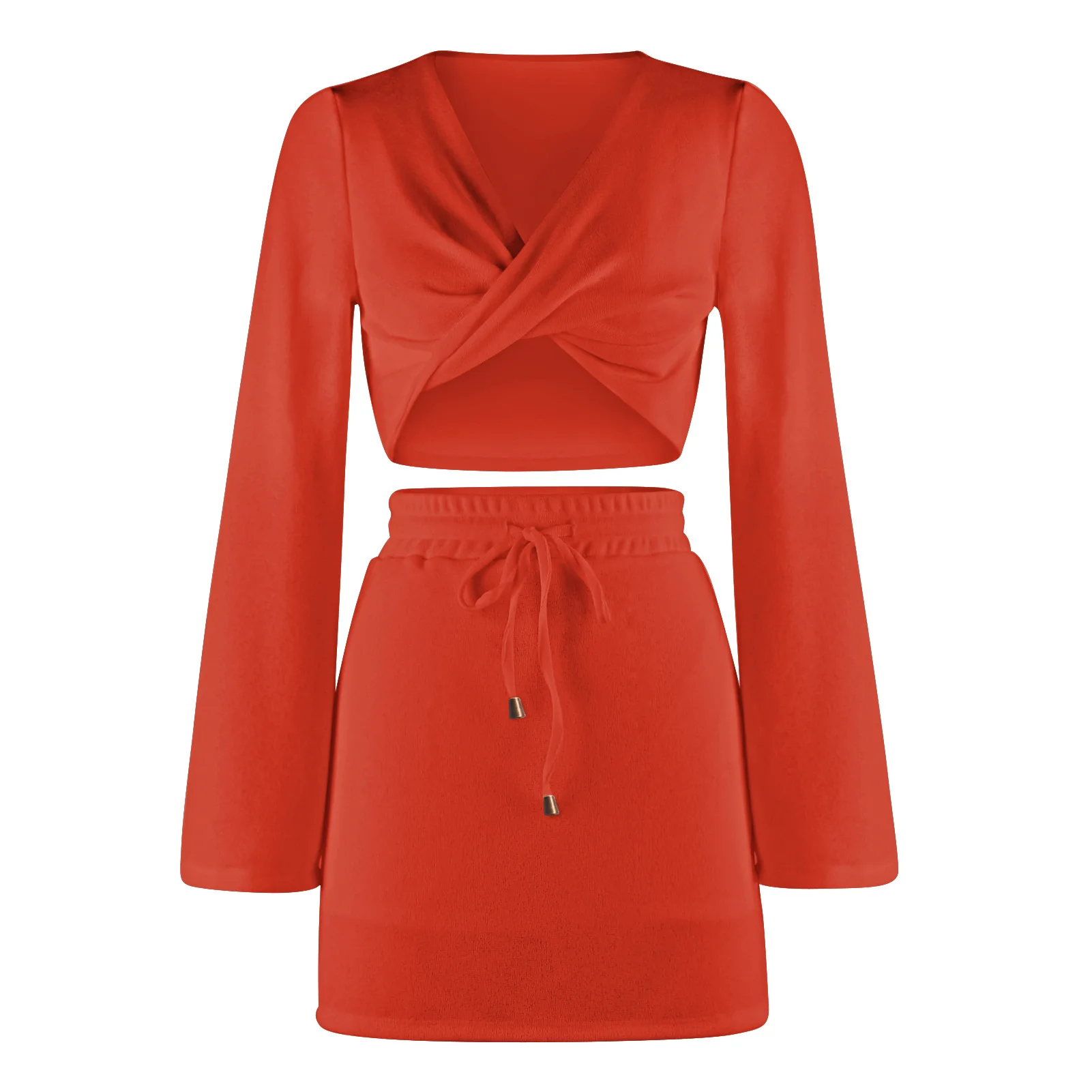 Manufacturer Autumn hot selling weave two pieces set  long trumpet sleeves tangle up deep-V collar solid crop top and mini skirt