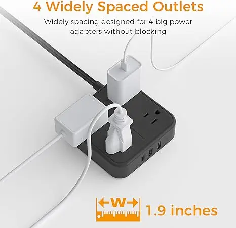 US Type Flat Plug Surge Protector Power Strip 5 ft Ultra Thin Extension Cord with 3 USB Wall Charger 1 USB C Port