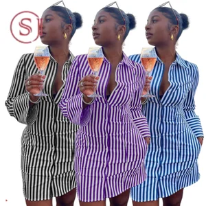 Latest Design Lady Blouse Casual Dress Elegant Streetwear  T Shirt Mini Dress Women's Striped Collared Long-Sleeve Shirt Dress