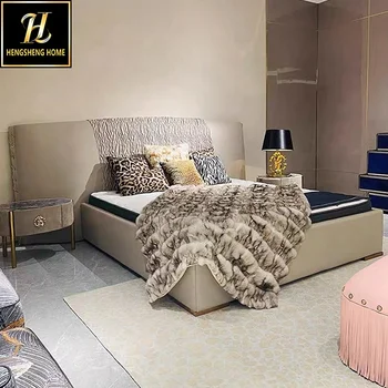 Latest Design Soft King Size Leather Double Bed Bedroom Furniture Set Luxury Up-Holstered Beds