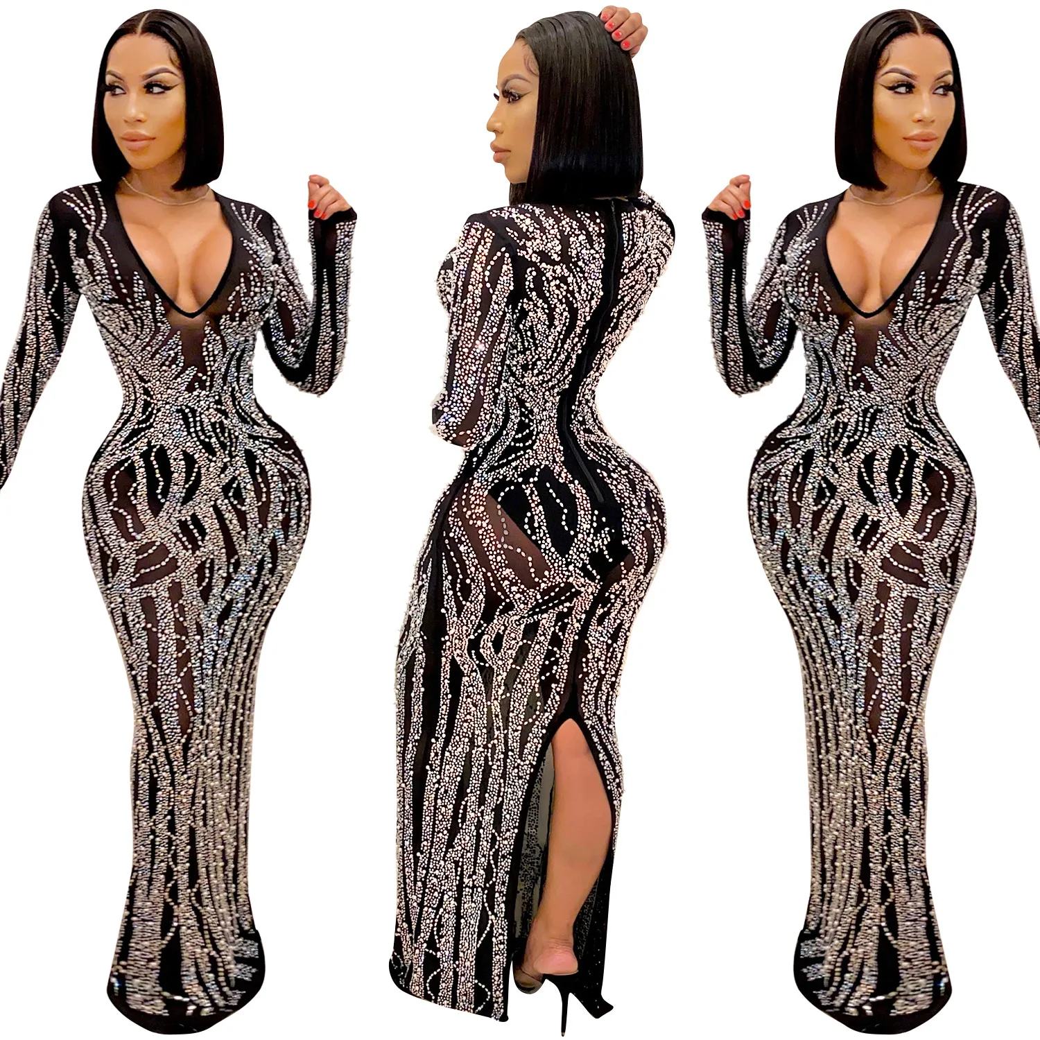 Sexy Black Deep V Neck Maxi Party Dress Women Bodycon Club Evening Gown Plus Size Prom Dresses