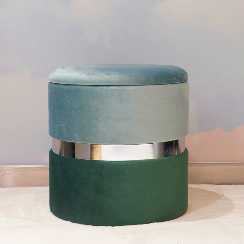 RTS Living Room Furniture Simple Design Modern Velvet Ottoman Footstool Colorful Round Shaped Metal Base Pouf