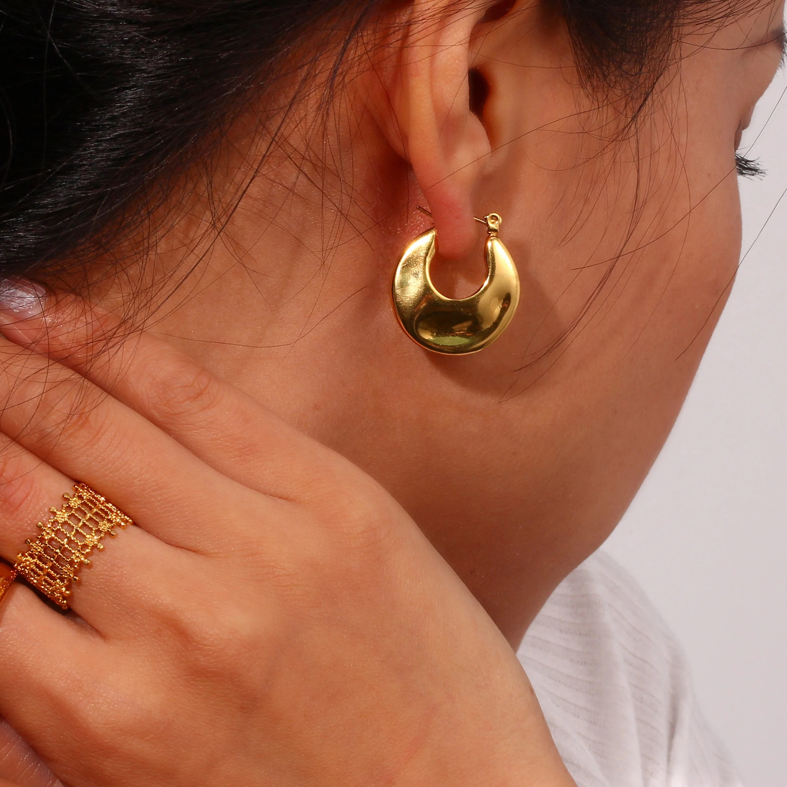 Hammered 18k Gold Plated Hoop Earring Tarnish Free Stainless Steel