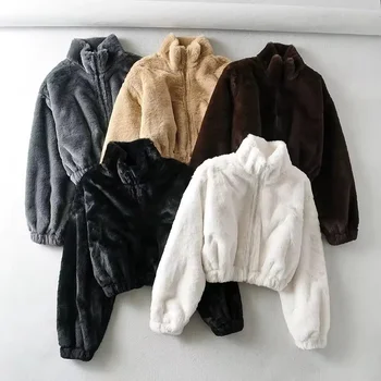 Korean version of loose imitation fur fur coat women's autumn winter thickened semi-high neck zipper short jacket warm top