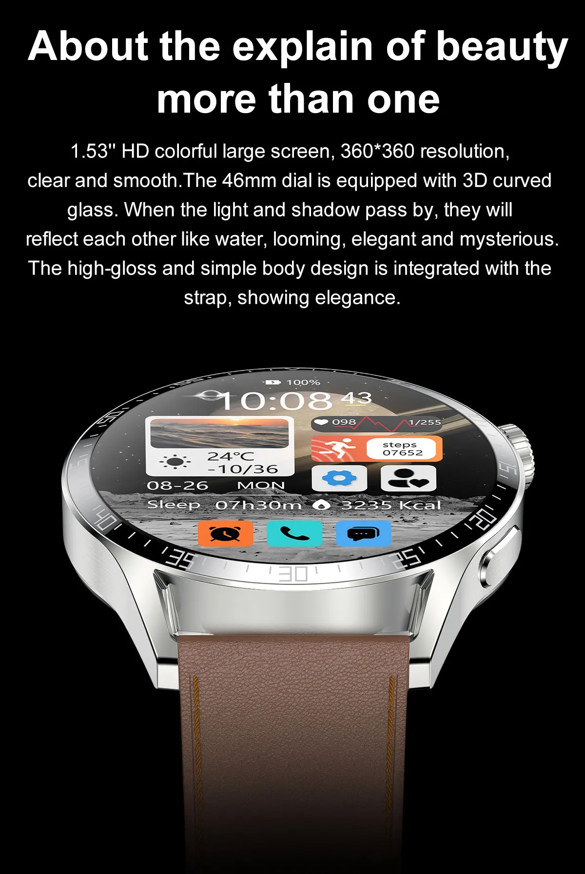 Montre connect&eacute;e Kalobee SK37 1,53 pouce avec Bluetooth, appels, intelligence artificielle vocale, lecteur de musique, NFC, bouton rotatif, &eacute;cran toujours allum&eacute; et chargement sans fil.