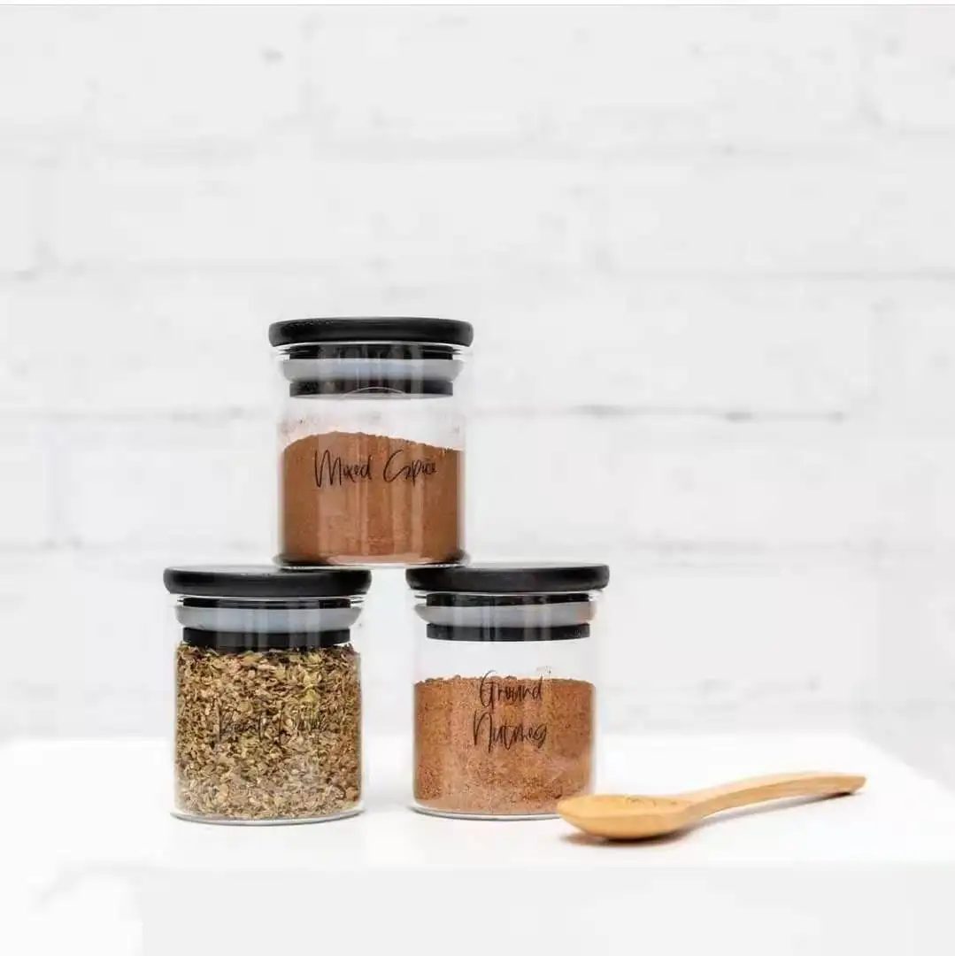 kitchen Storage glass jar with Black bamboo lid Glass container with lid