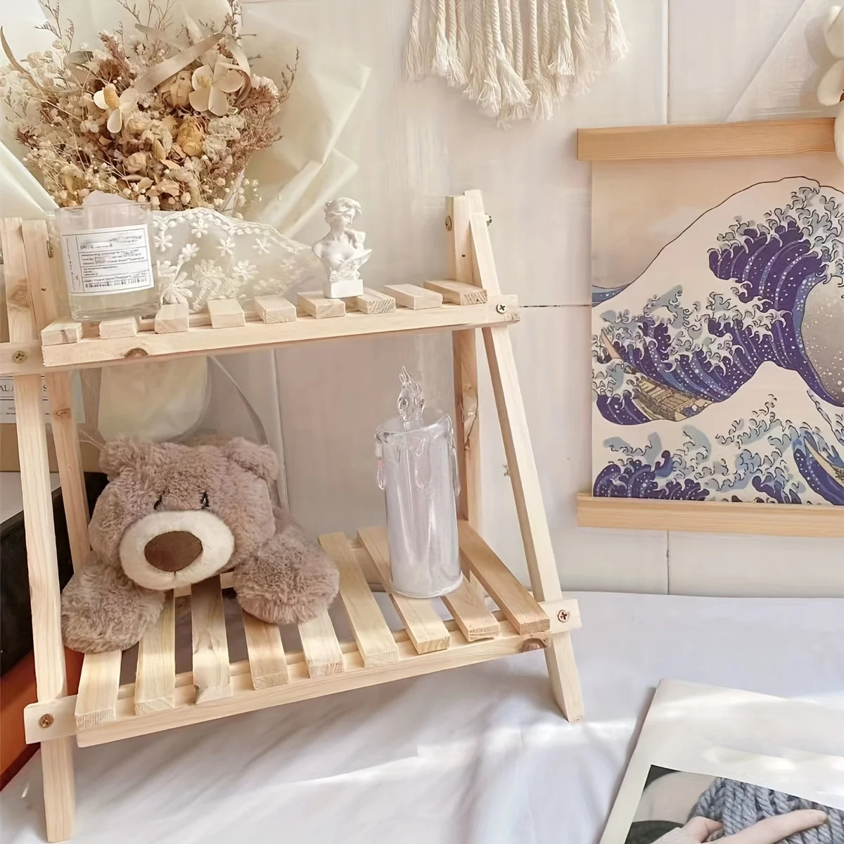 A Two-Layer Desktop Wooden Storage Organization Shelf Trapezoidal Desktop Display Shelf