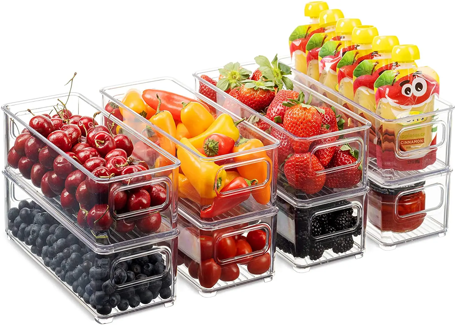 Set of 8 Stackable Plastic Food Storage Bins Refrigerator Organizer  Baskets  with Handle for Pantry Plastic Food Storage Rack