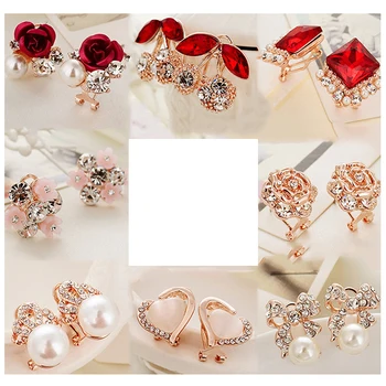 Simple heart crown rose petals four-leaf clover ear studs alloy earrings for women