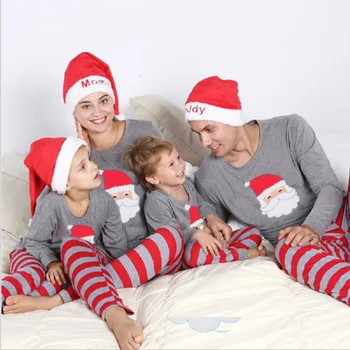 Premium Sleepwear Women'S 2 Piece Cotton Satan Pajama Sets Cute Santa Claus Printed Matching Family Mom And Kids Baby Nightwear