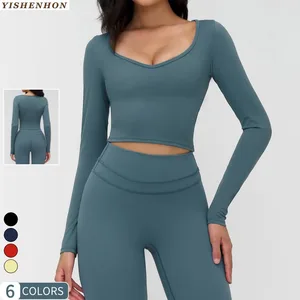 YISHENHON New Style Women's Quick-Drying Fitness Yoga Top Comfortable Skinny Outdoor Running Sports Swear