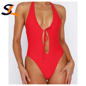 Custom New In Stock Sexy Solid Red One Piece Bikini Cutout Beachwear Halter Backless Swimsuit Women High Cut Thong Swimwear