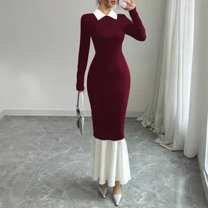 Red Bodycon Maxi Dress Slim Fit Patchwork Women's T-shirts Dress Long Full Sleeve Women Solid Sexy Tight Bodycon Dresses
