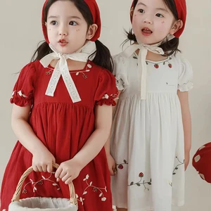 Summer Lolita Princess Dress for Girls Long Sleeve Strawberry Embroidery Sweet Style Cartoon Pattern Dress Hat Clothes for Kids